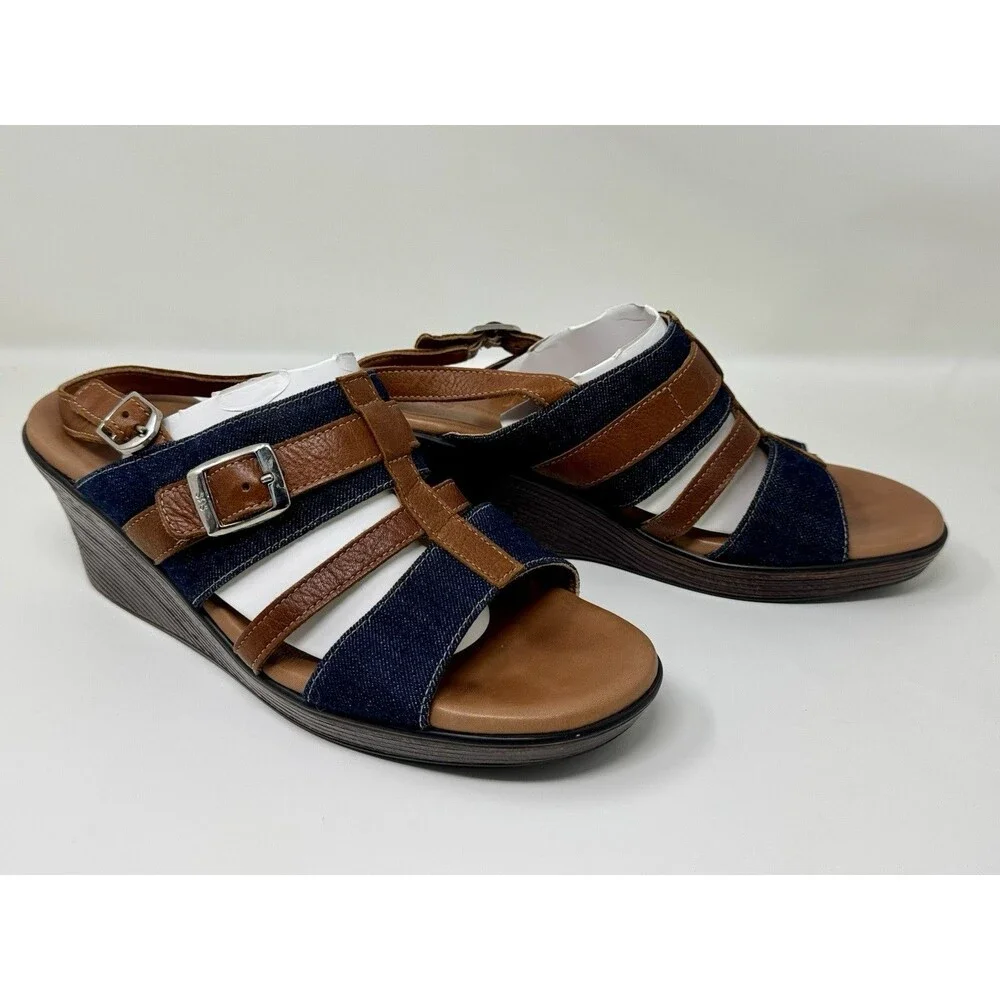 SAS Layla Brie Strappy‎ Denim Jean & Leather Wedge Sandal Shoe Size 10 M